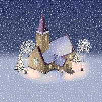 vektor illustration av en små by kyrka på en vinter- kväll. jul eve. vinter- landskap. eps10