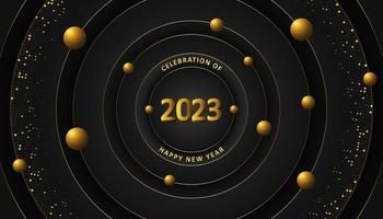 firande av Lycklig ny år 2023 med guld cirkel bakgrund vektor