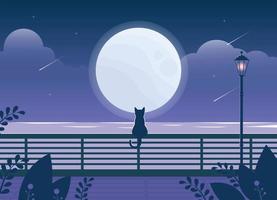 en flodstrand bakgrund med en stor måne flytande. tillbaka se av en katt ser på de flod på en parkera räcke med gata lampor på. vektor