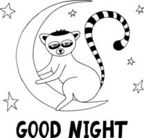 lemur, der auf dem mond sitzt und gute nacht beschriftet. Kinderzimmer-Poster-Vorlage, süßes Tier. handgezeichneter Doodle-Stil. Vektor, Minimalismus, Monochrom. dekor für kinderzimmer. Neugeborene, Aufkleber, Karte vektor