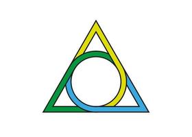 Heilige geometrische Figur eines Kreises, der in ein Dreieck eingeschrieben ist, das vektorfarbene Logo tätowiert das mythologische Symbol rundes Dreieck, das auf weißem Hintergrund isoliert ist vektor