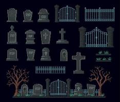 Friedhof 8-Bit-Pixel-Spiel-Assets, Grabsteinzaun vektor