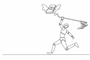 enda kontinuerlig linje teckning robot Prova till fångst flygande pengar stackar med fjäril netto. budget spendera, räkningen utgifter. elektronisk teknologi industri. ett linje grafisk design vektor illustration