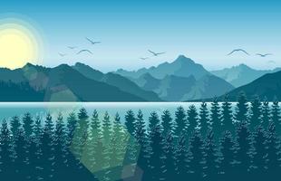 vektorillustration der berglandschaft mit hirschen und wald am morgen vektor