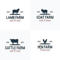 Farm-Logo-Design-Konzept Kuh-, Lamm-, Ziegen- und Hühnerfarm mit weißem Hintergrund vektor
