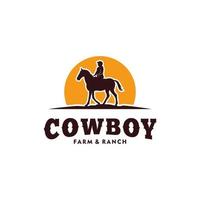 rodeo retro logotyp med cowboy häst ryttare silhuett vektor