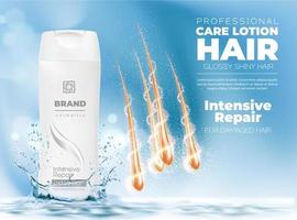 realistisches shampoo und blondes haar mit wasserspritzer vektor