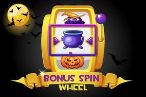 Bonus Spin Halloween goldenes Rad auf dem Hintergrund der Nacht für Spiele. Vektor-Illustration Spielautomat mit Kürbis-Icons, Kessel für Grafikdesign. vektor