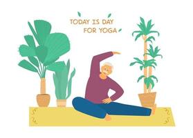 leende gammal man stretching eller praktiserande yoga på matta omgiven med växter. aktiva pensionering. motiverande baner för seniorer. platt vektor illustration.