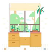 mysigt kök interiör. fönster med växter, handfat, trä- skåp. platt vektor illustration.