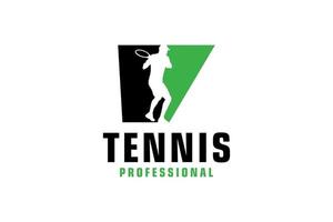 bokstaven v med tennisspelare silhuett logotyp design. vektor designmall element för sport team eller företagsidentitet.