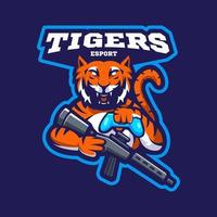 tiger verwendet pistole und joystick maskottchen logo design illustrationsvektor für esports gaming
