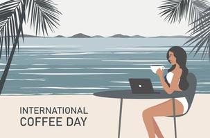 internationell kaffe dag skön kvinna dricka varm kaffe kopp vektor illustration. kaffe begrepp bakgrund