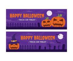 horizontale Halloween-Banner. 2 Auswahlmöglichkeiten, illustriert durch einen Kürbis und einen Hexenkürbis. Schattierungen von lila Halloween.