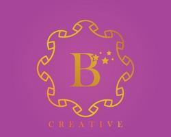 kreativ design logotyp, alfabet b, 5 stjärna brev, märka, ikon, för förpackning, lyx produkt design. tillverkad med guld på en ljus lila texturerad bakgrund. vektor