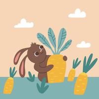 Ein fröhliches Kaninchen sammelt Karotten im Garten und hält in seinen Pfoten eine riesige Karotte. warme Sommerlandschaft. Vektor Falt handgezeichnete Illustration für Design.