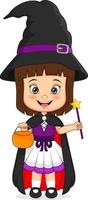 tecknad liten flicka klädd i halloween häxdräkt vektor