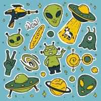 Aliens, nicht identifiziertes Flugobjekt UFO-Vektor-Doodle-Aufkleber-Set vektor