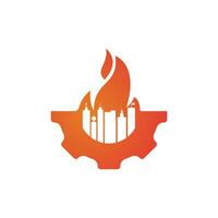 Feuer Stadt Vektor-Logo-Design-Vorlage. Gebäude und Feuer mit Zahnrad-Icon-Design. vektor
