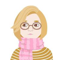 Porträt einer jungen, ernsten Frau mit Brille. nachdenklicher Teenager im Schal, der seitlich schaut. Vektor-Cartoon-Illustration eines blonden Mädchens auf weißem Hintergrund. hand gezeichneter avatar für soziales netzwerk. vektor