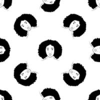 schwarze weibliche Silhouetten, Gesichtsprofil, Vignette. Afro-Frau im Profil. Hand gezeichnetes nahtloses Muster des Vektors auf weißem Hintergrund. Design für Einladung, Grußkarte, Vintage-Stil. vektor