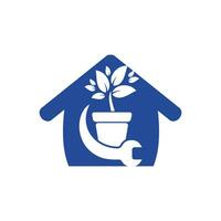 Garten-Fix-Vektor-Logo-Konzept. Blumentopf und Schraubenschlüssel mit Home-Logo-Symbol. vektor