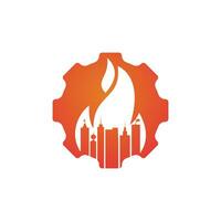 Feuer Stadt Vektor-Logo-Design-Vorlage. Gebäude und Feuer mit Zahnrad-Icon-Design. vektor