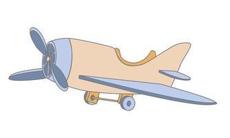 Flugzeug Kinderspielzeug. Hölzernes Vintages süßes Flugzeug für Jungen. Vektor handgezeichnete Illustration im Cartoon-Stil auf weißem Hintergrund
