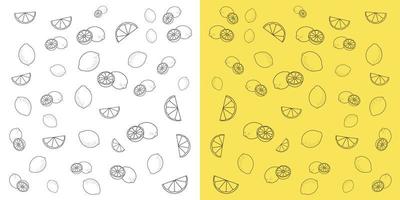 Zitronengekritzelmuster auf schwarzem und gelbem Hintergrund. Zitronen-Doodle-Hintergrund für Verpackungen, Grußkarten und Web und Apps. vektor