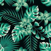 grön djungel lövverk illustration sömlös mönster med grön enfärgad stil tropisk växt på natt bakgrund. natur tapet. vektor design grafik. blommig bakgrund. exotisk tropikerna. sommar