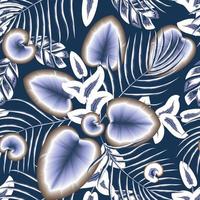 Vintage abstraktes nahtloses Muster mit blauen tropischen Calla-Blättern, Palmen und Pflanzen auf dunkelblauem Hintergrund. Vektordesign. Dschungeldruck. Blumenhintergrund. Druck und Textil. exotische Tropen. Frühling vektor