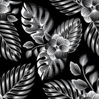 vintage abstrakte tropische blätter nahtloses muster mit grauen monochromatischen blumenpflanzen und laub. Sommerblumendruck auf dunklem Hintergrund. Kokosnusszweige und Monsterblätter. modische Textur vektor