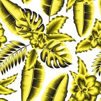 modern mall för design med tropisk jasmin blommor växter sömlös mönster och monstera ormbunke löv på vit bakgrund. natur dekokraativ. blommig bakgrund. exotisk sommar tema design vektor