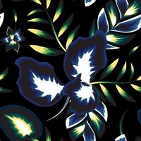 botanisches nahtloses tropisches muster mit hellen pflanzen und blättern auf einem schwarzen hintergrund. sommerfarbenes hawaiianisches nahtloses muster mit tropischen pflanzen. Druck und Textilien. exotisches sommerdesign vektor
