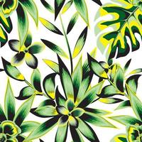 farbenfrohe, modische Drucktextur mit tropischen Monstera-Blättern und Frangipani-Blütenpflanzen, geeignet für Hemdenstoffe oder Textilien. Blumenhintergrund. exotische Tropen. Sommerdesign. Frühling vektor