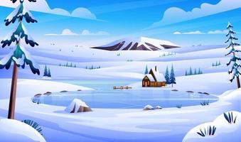 winterlandschaft mit einem haus, einem zugefrorenen see und einer berghintergrundillustration vektor