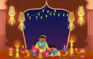 mor och son ljus upp olja lampa under diwali festival vektor