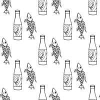 sömlös mönster med öl flaska och fisk på vit bakgrund. vektor bild.