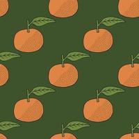 Nahtloses Muster mit orangefarbenen Mandarinen auf dunkelgrünem Hintergrund. Vektorbild. vektor