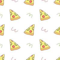 Nahtloses Muster mit einem Stück Pizza im Doodle-Stil auf weißem Hintergrund. Vektorlebensmittelillustrationshintergrund. vektor
