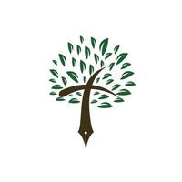 träd penna och korsa vektor logotyp design mall. bibel inlärning och undervisning klass.