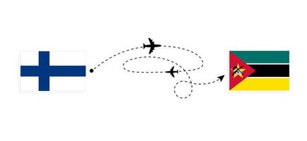 flug und reise von finnland nach mosambik mit dem reisekonzept für passagierflugzeuge vektor