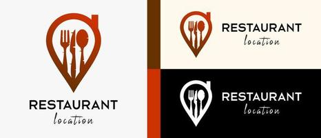 Logo-Designvorlage für Restaurantstandorte mit kreativem Konzept von Löffel, Messer und Gabel im Pin-Symbol. Karten- oder Standortsymbol-Vektorillustration, erstklassiger Vektor