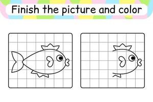 slutföra bilden fisk. kopiera bilden och färgen. avsluta bilden. målarbok. pedagogiskt ritövningsspel för barn vektor