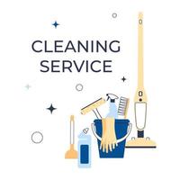 Reinigungsservice-Konzept. plakatvorlage für hausreinigungsdienste mit reinigungswerkzeugen. vektor