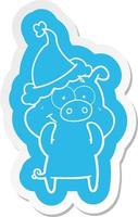 glad tecknad klistermärke av en gris som bär tomtehatt vektor