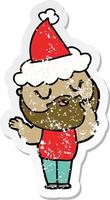 Distressed Sticker Cartoon eines Mannes mit Bart mit Weihnachtsmütze vektor
