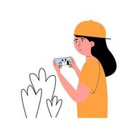 en Tonårs flicka spelar på de telefon använder sig av förändrad verklighet. vektor platt illustration. ar teknologi