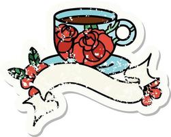 abgenutzter alter Aufkleber mit Banner einer Tasse und Blumen vektor