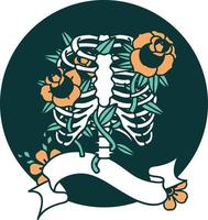 Tattoo-Stil-Ikone mit Banner eines Brustkorbs und Blumen vektor